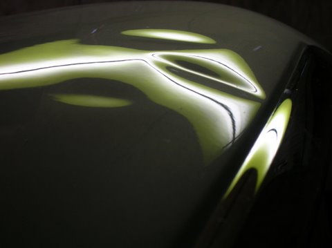Hood dents before paintless repair on a Hyundai Sonata